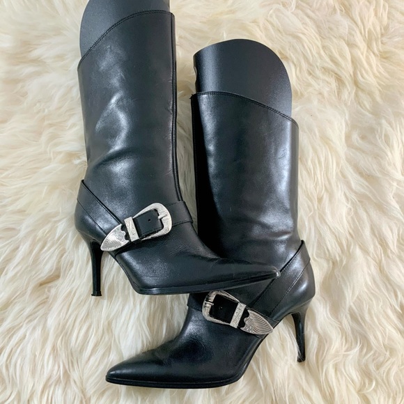 ZARA Cowboy Buckle Black Leather Pointed Toe Slip On Heel Boots Sz 7.5US - Picture 4 of 15